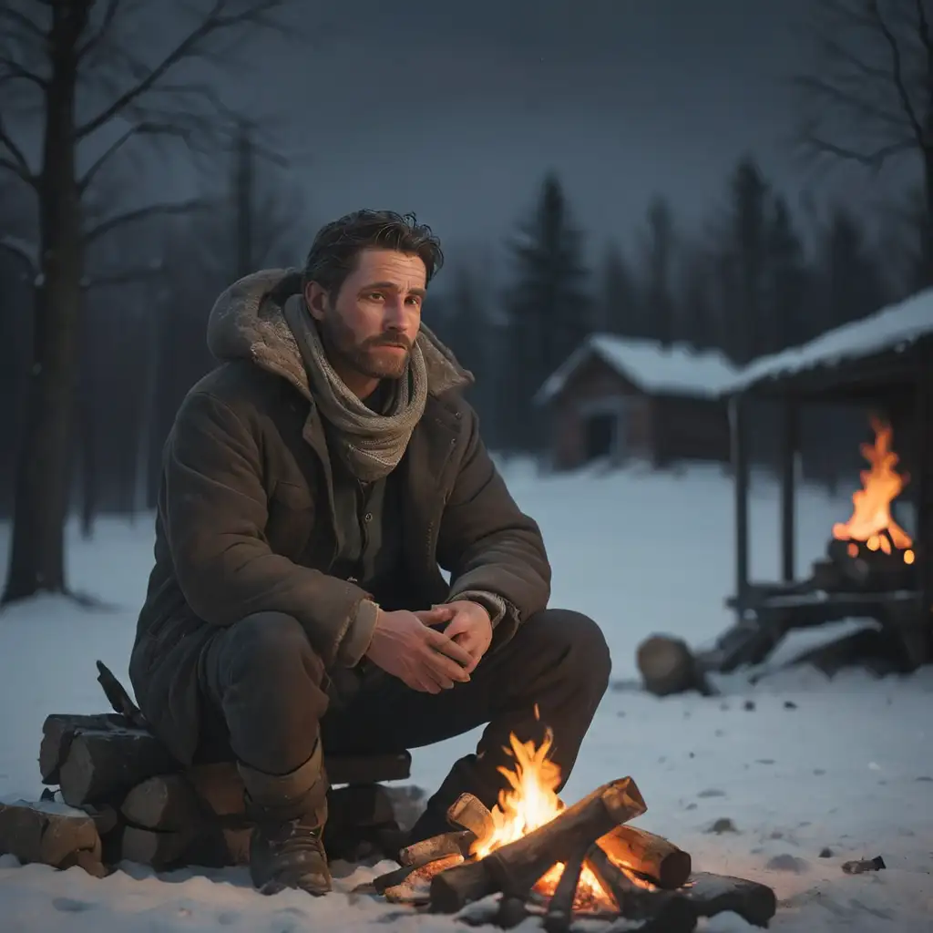 Man-Sitting-by-Fire-on-a-Bleak-Cold-Winter-Night