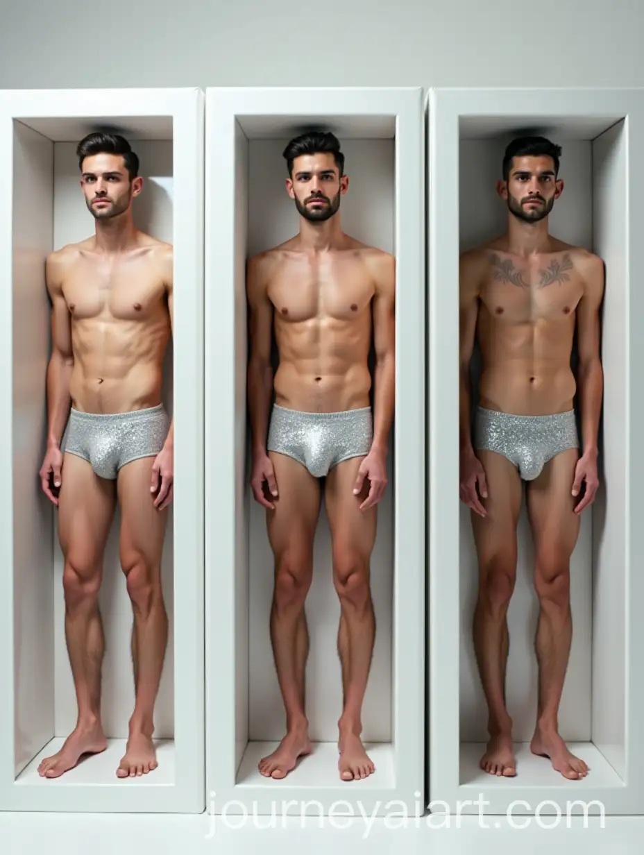 Three-Men-in-Silver-Underwear-Standing-in-Glossy-White-Encrusted-Boxes