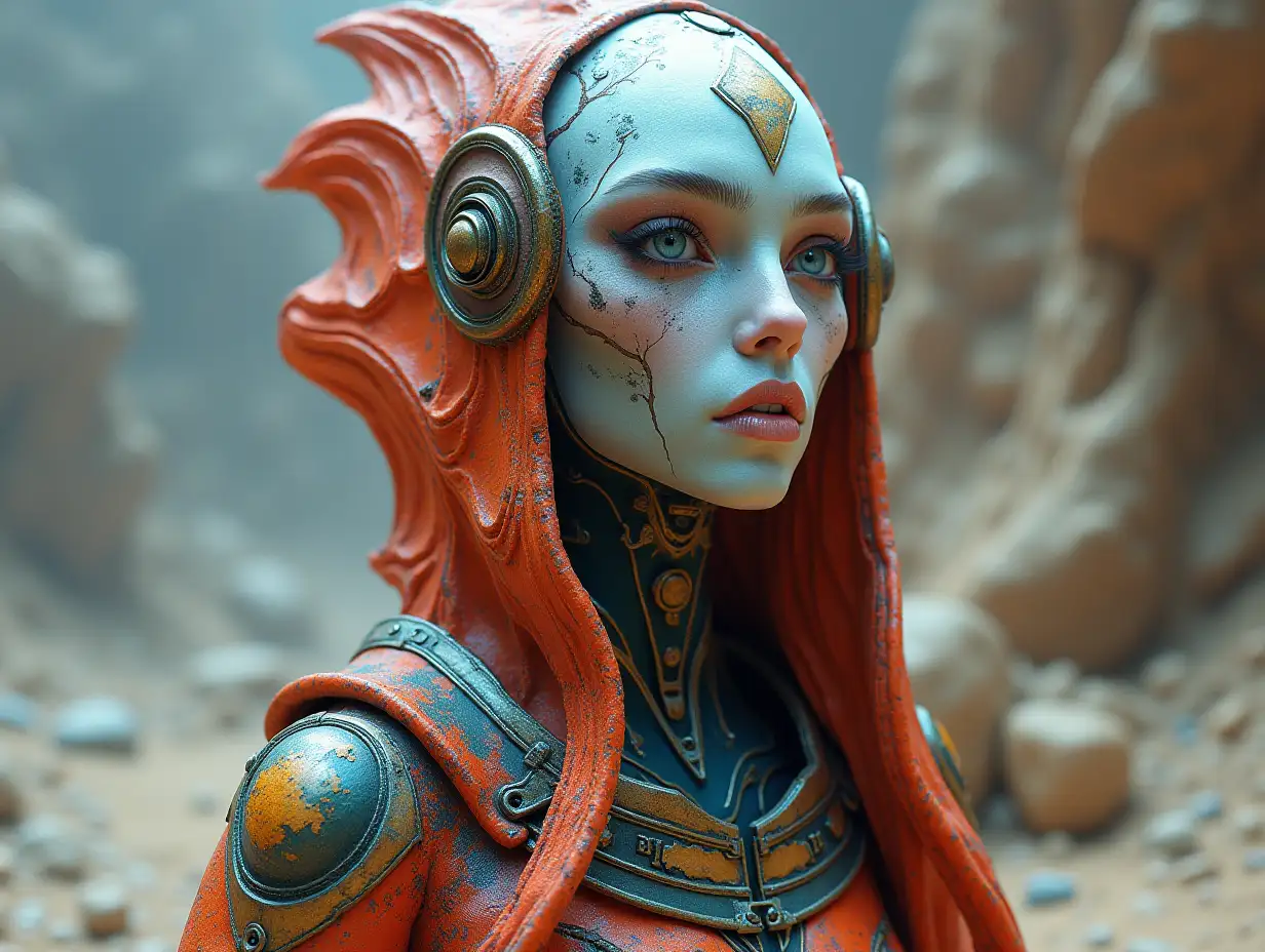 Hyperrealistic of a beautiful Alien-Queen, futuristic, elaborately detailed, colorful and rocky background.