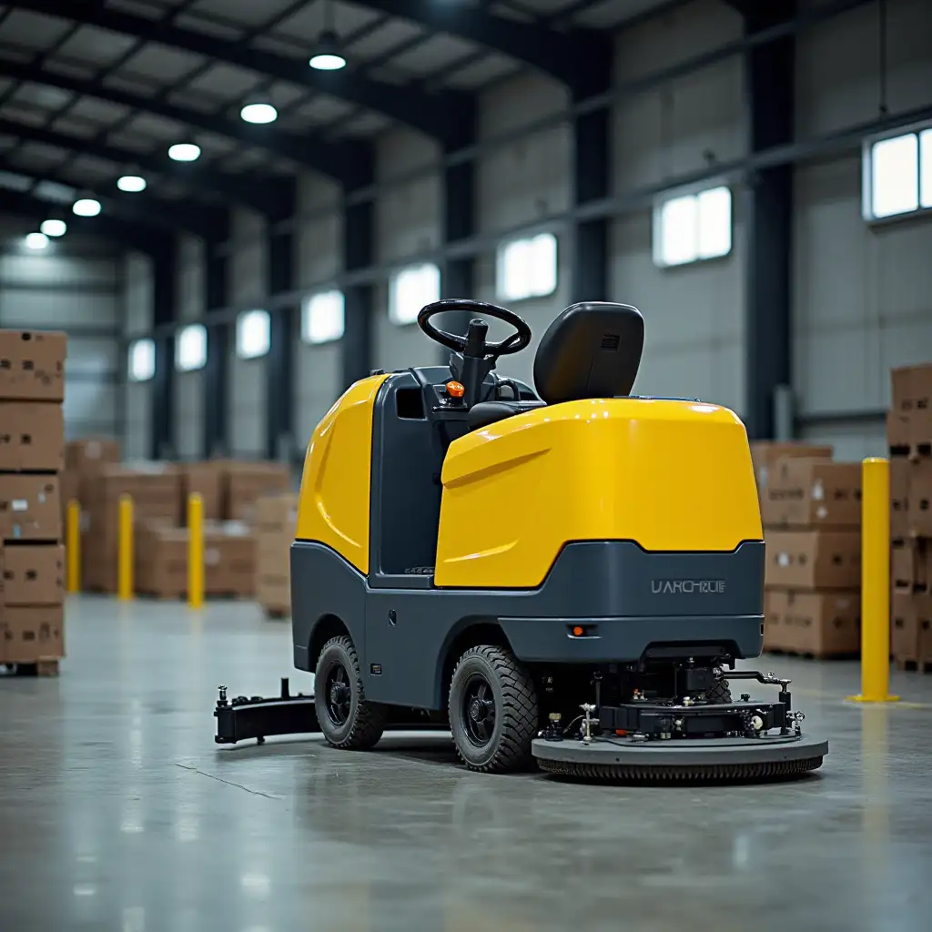 The scrubber dries is parked in the warehouse karcher. Unmanned