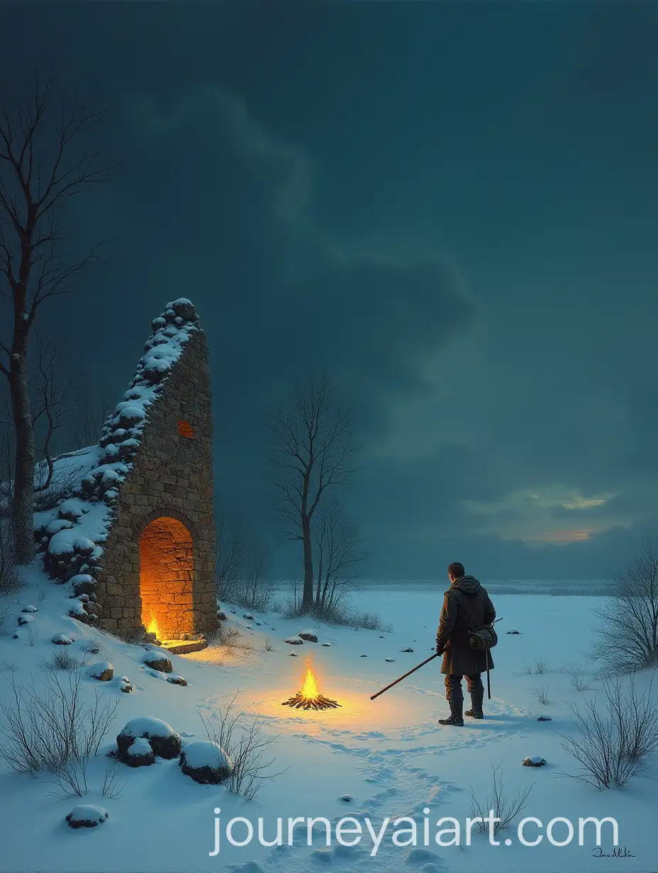 Frozen-Landscape-at-Night-Lone-Traveler-by-Campfire