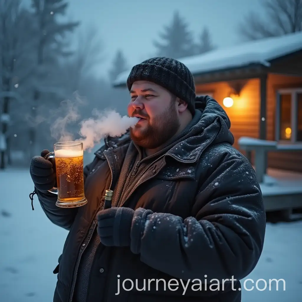 Chubby-Man-Enjoying-Hookah-in-Snowy-Countryside