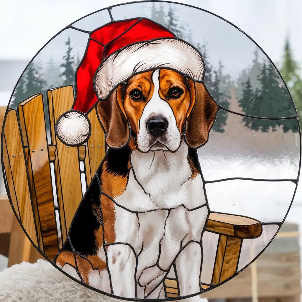 Round Stained Glass Beagle in a Santa Hat