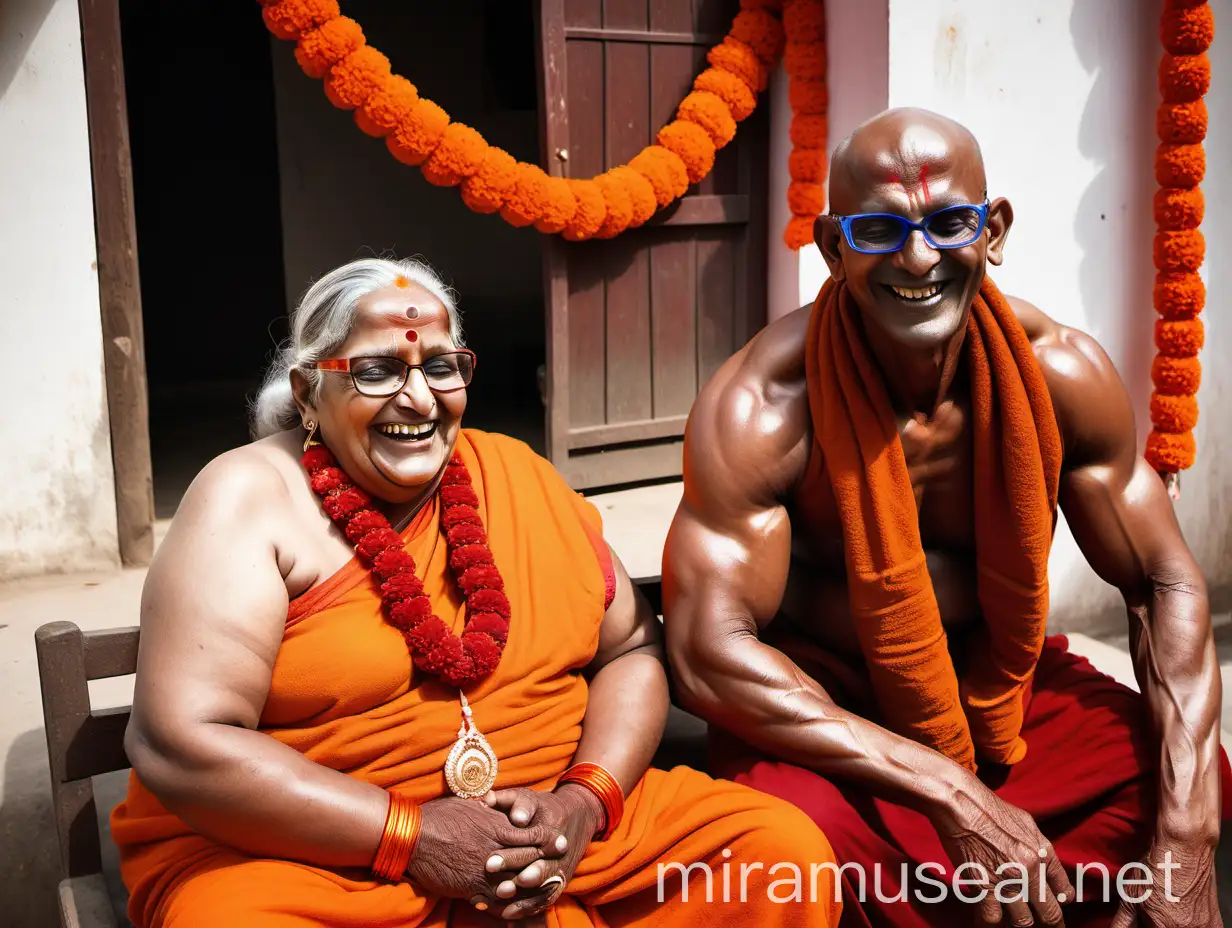 Indian Hindu Ashram Courtyard Scene with Elderly Monk and Bodybuilder Man