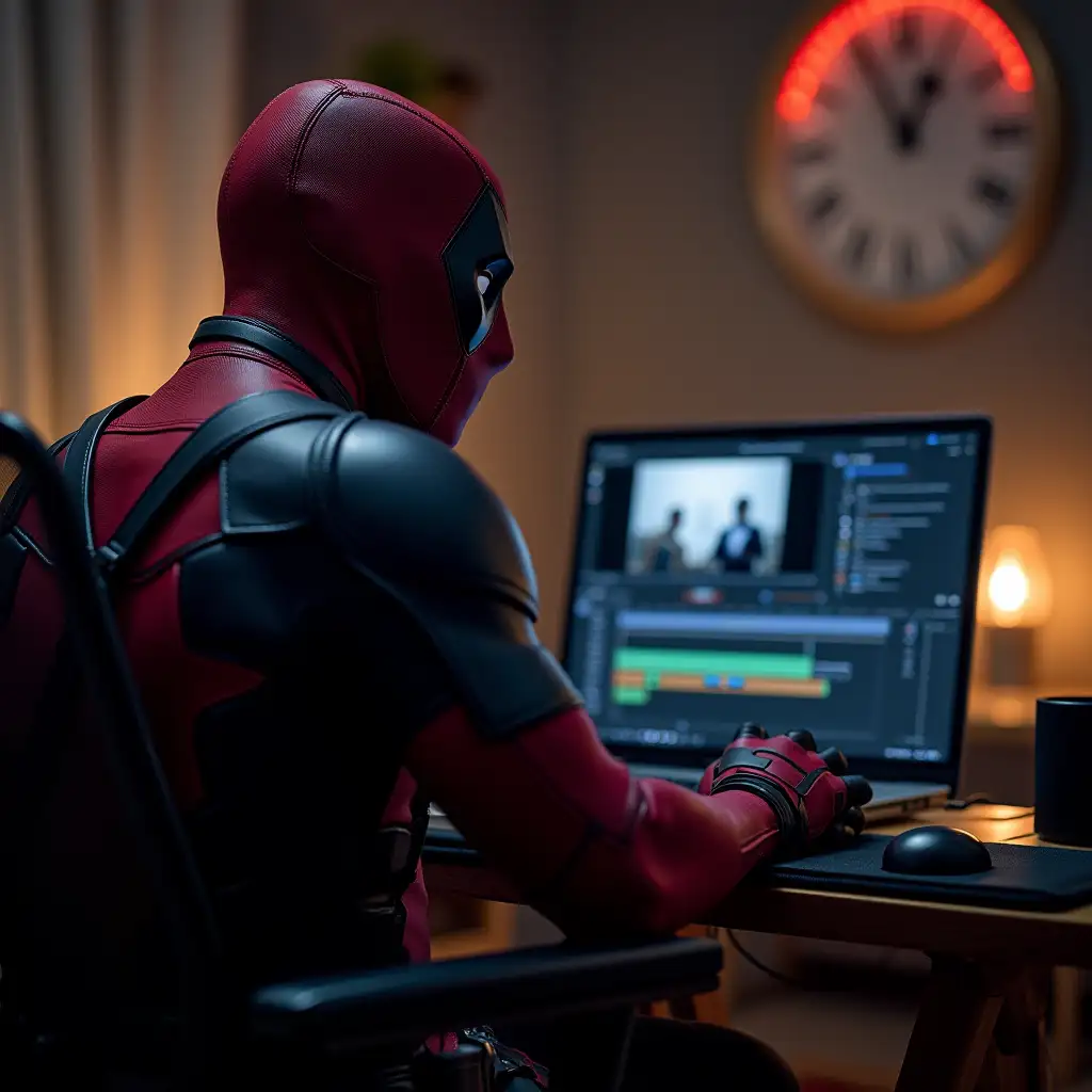 Deadpool, sitting in a chair by a laptop and editing video in a video editing program. View from the shoulder, close-up montage program