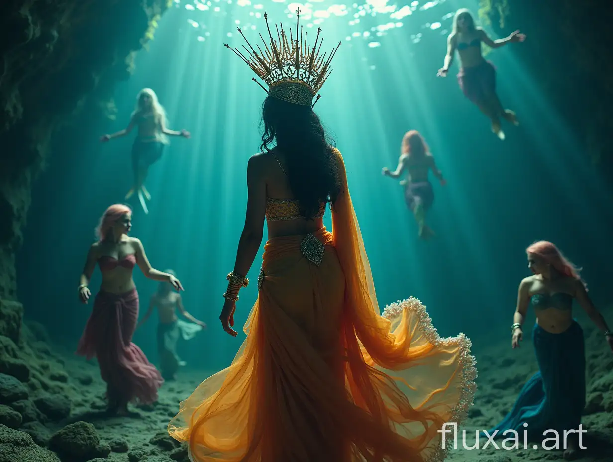 A regal queen mermaid from Kerala, adorned in a vibrant saree, in a deep-sea palace, surrounded by mermaid friends, bathed in soft, ethereal lighting, showcasing rich, vivid colors.