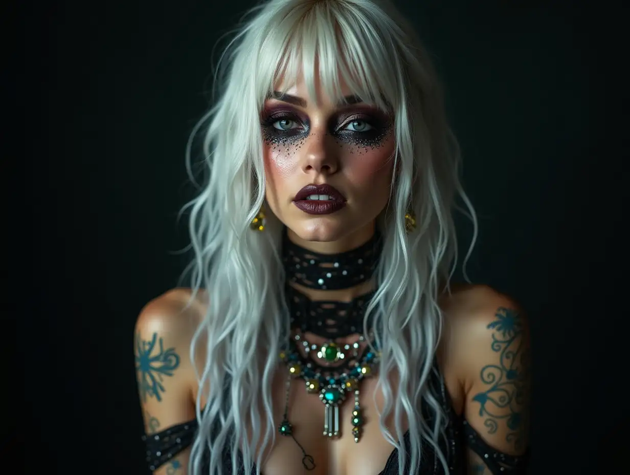 Depiction of a beautiful AlienWoman with makeup, glitter around the eyes with a smile face-tattoo, futuristic long white and black checked hair and laced boots, with intricately detailed, colorful and futuristic jewelry. Black background blurred 120-mm shot