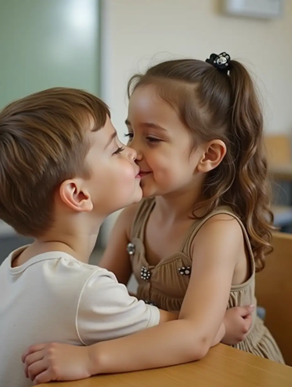 Adorable-Little-Girl-in-Beige-Body-Paint-Hugging-a-Boy-in-a-Classroom-Setting