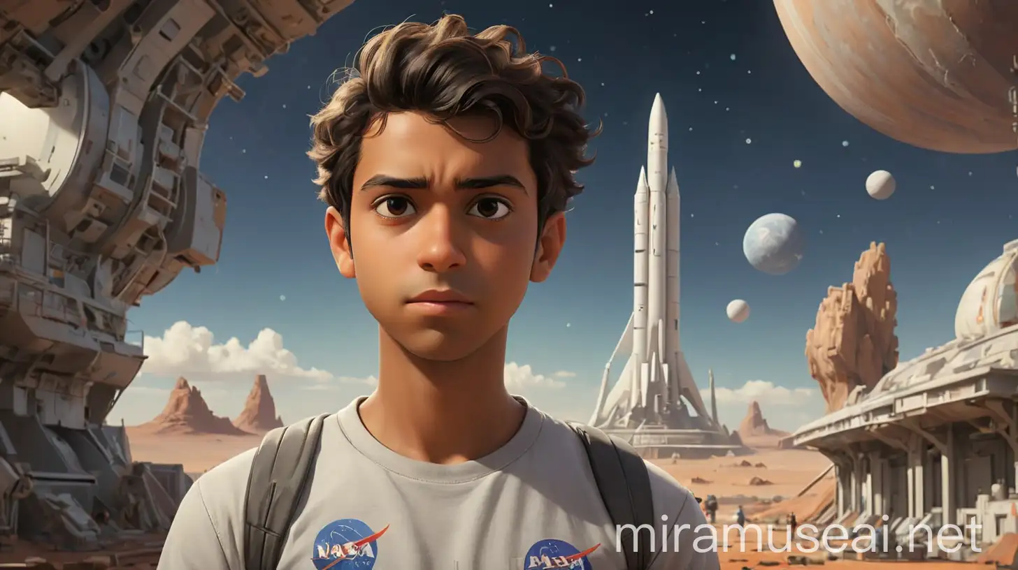 Cinematic NASA Station Student with Yasser Tshirt amidst Space Monuments