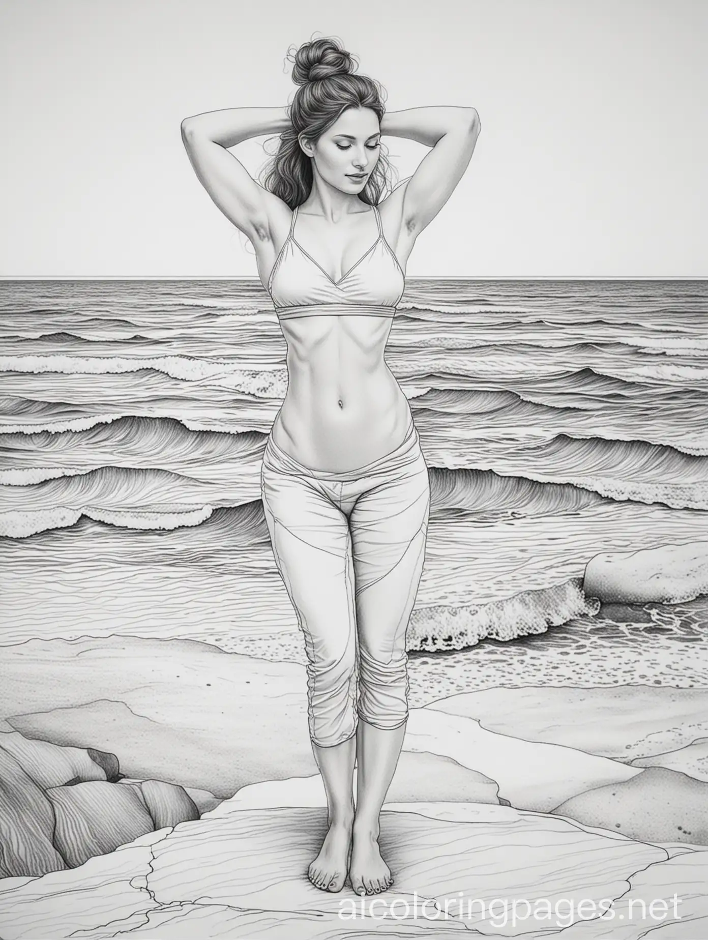 Adult coloring book, no colors, no shadings, no fillings, thin black lines on white background. Full body women in a twisting yoga poses by the sea., Coloring Page, black and white, line art, white background, Simplicity, Ample White Space. The background of the coloring page is plain white to make it easy for young children to color within the lines. The outlines of all the subjects are easy to distinguish, making it simple for kids to color without too much difficulty