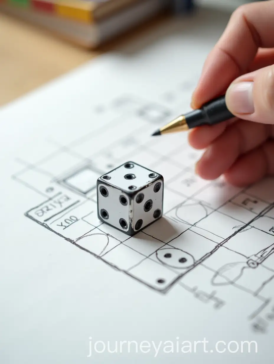 CloseUp-of-a-Creator-Drawing-Game-Dice-on-Paper