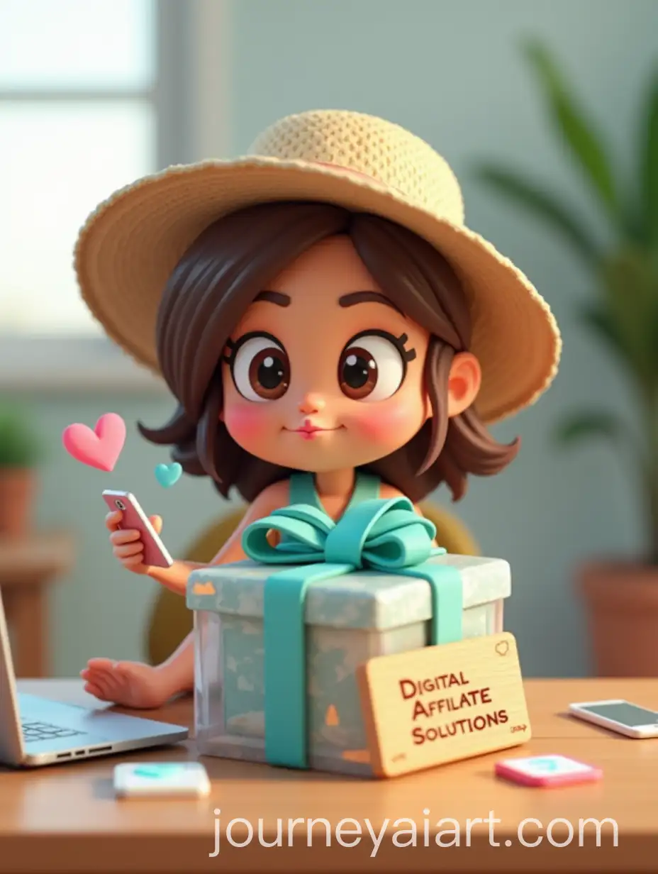 3D-Cartoon-Female-Character-Blowing-Kiss-with-Smartphone-in-Front-of-Gift-Box