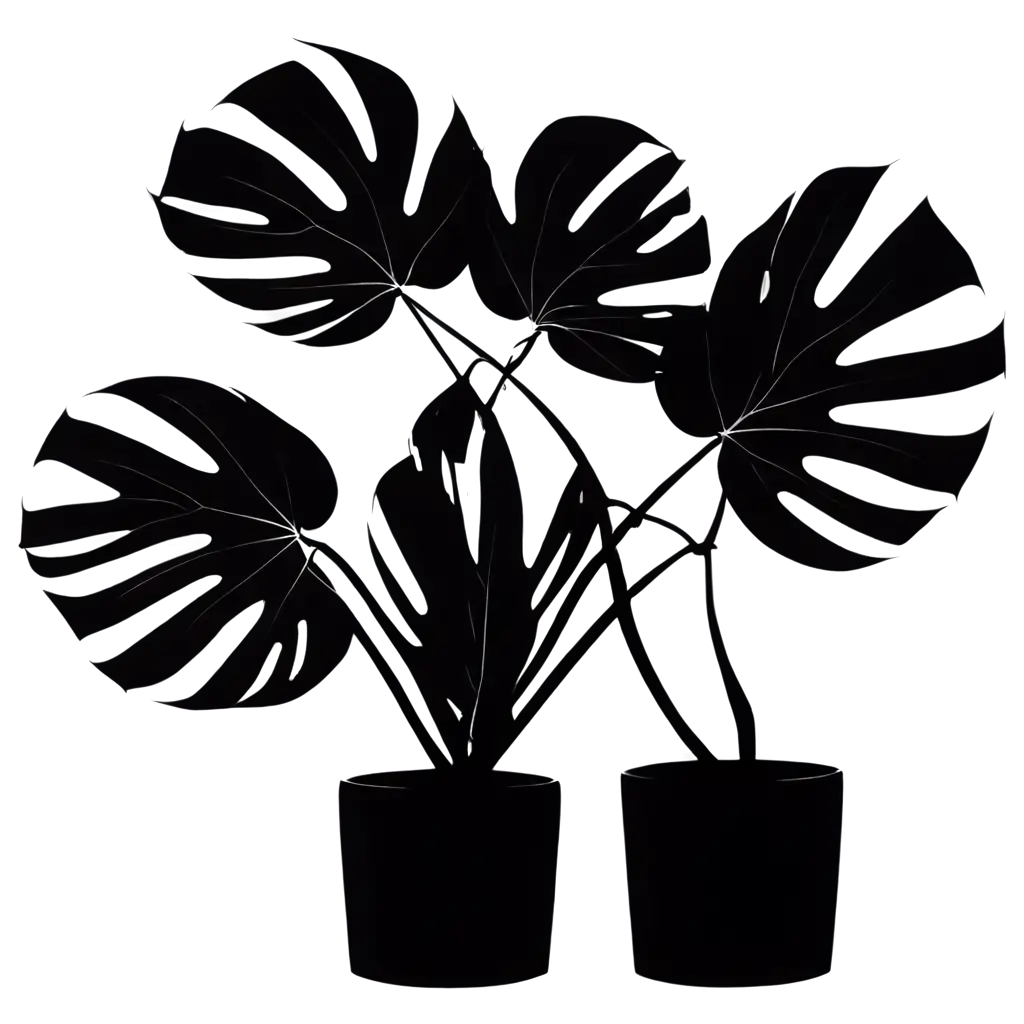 PNG-Image-Black-Silhouette-of-Potted-Monstera-Deliciosa-with-Three-Leaves