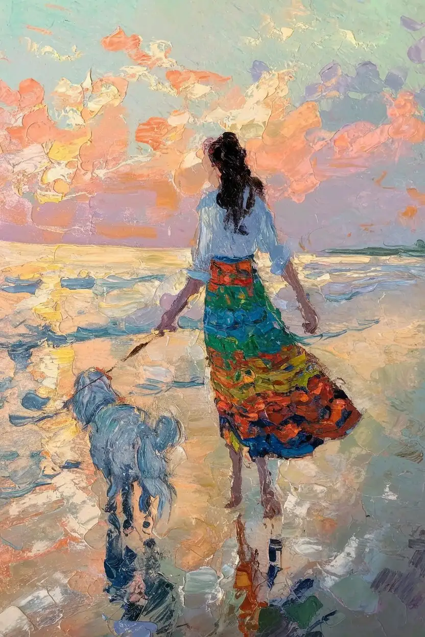 Woman-in-Colorful-Summer-Dress-Walking-Dog-on-Beach-at-Sunrise