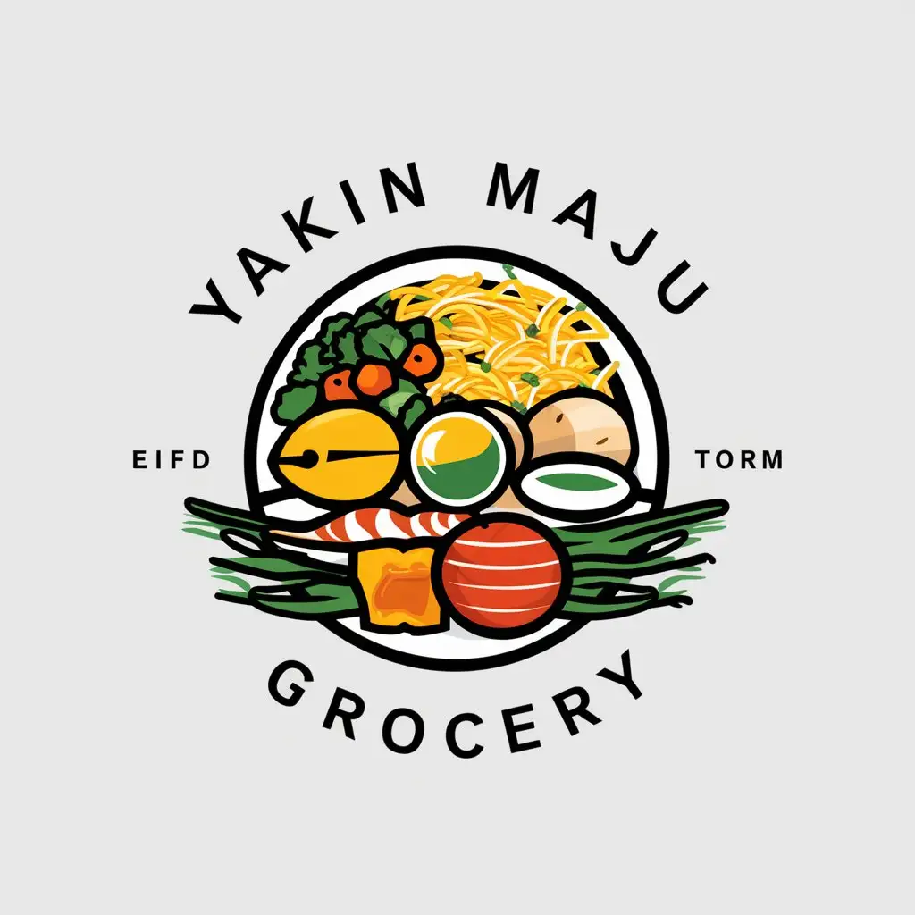 a vector logo design,with the text "YAKIN MAJU GROCERY", main symbol:Yellow mee, kuey teow, tofu, fish ball, fish kek, vegetables, bean sprouts,complex,be used in wholesale industry,clear background