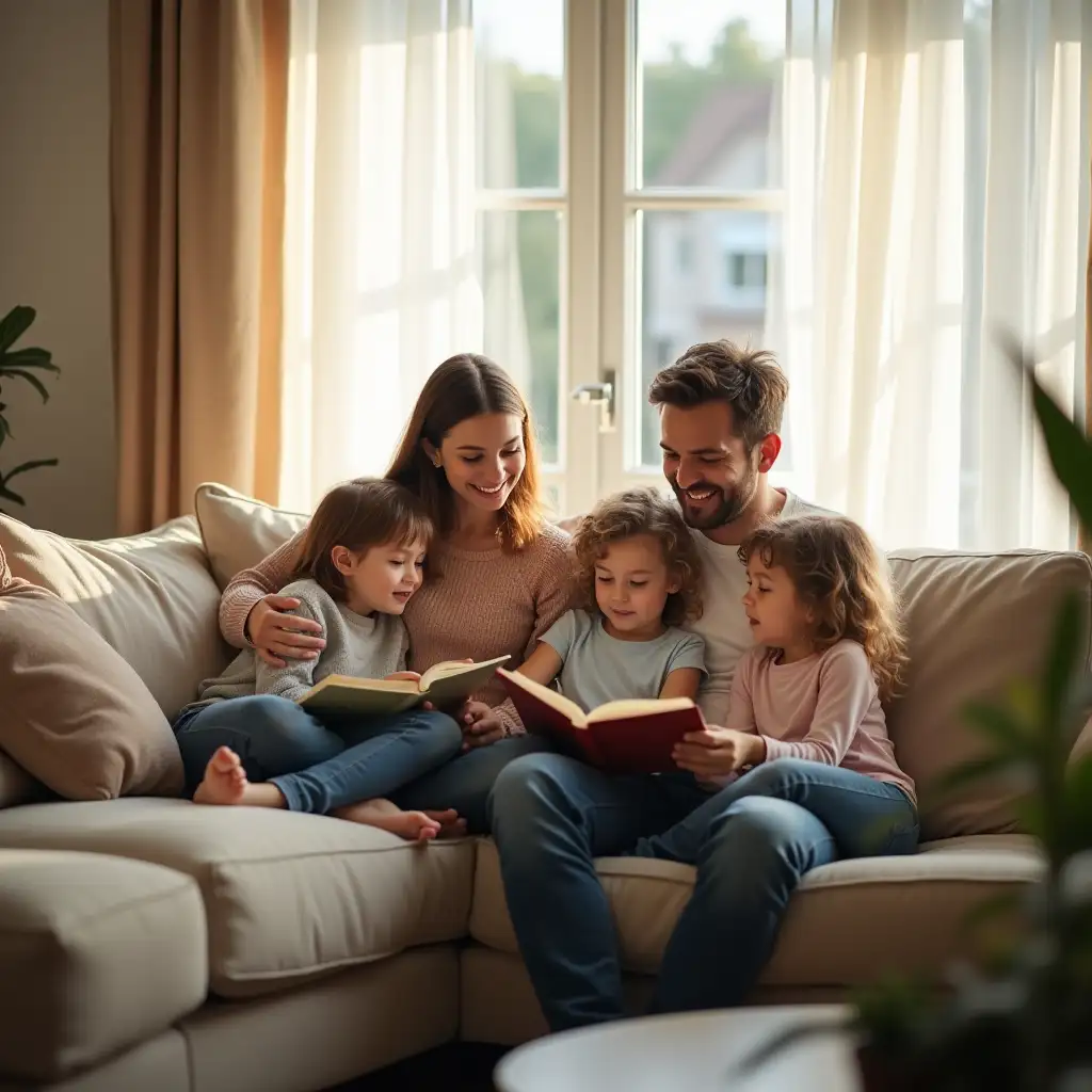 Family-Enjoying-Quiet-Morning-on-Couch-Together