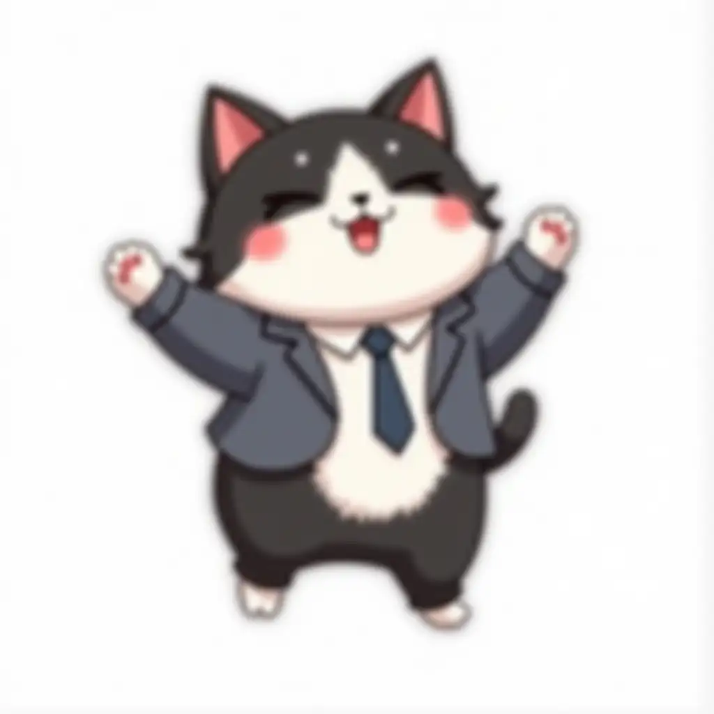 kawaii positive fluffy little black and white cat in office clothes. He throws his arms wide in a jump, cut sticker design  vector art,  white background, paint in anime style