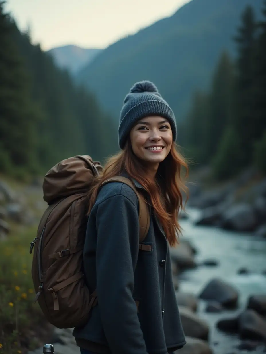 Happy-Indonesian-Woman-Camping-in-the-Mountains-at-Night