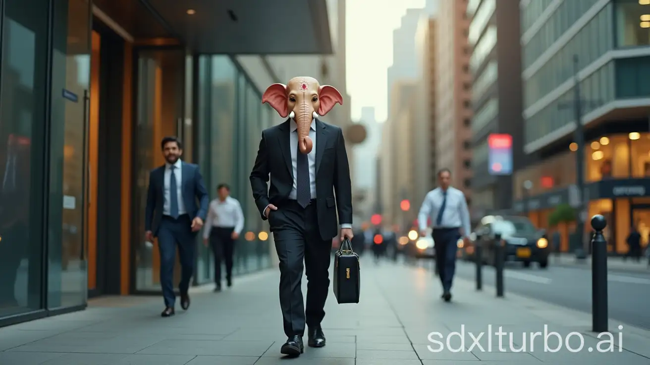 A realistic image of Lord Ganesha dressed in a modern business suit, carrying a briefcase and walking toward a corporate office building. He is wearing a well-fitted black suit, white shirt, and tie, with his elephant head gracefully adorned with subtle traditional elements like a tilak. The scene shows him confidently striding toward the glass doors of a sleek, modern office, with bustling city streets in the background. The contrast between his divine form and professional attire adds a unique, contemporary twist to the image.