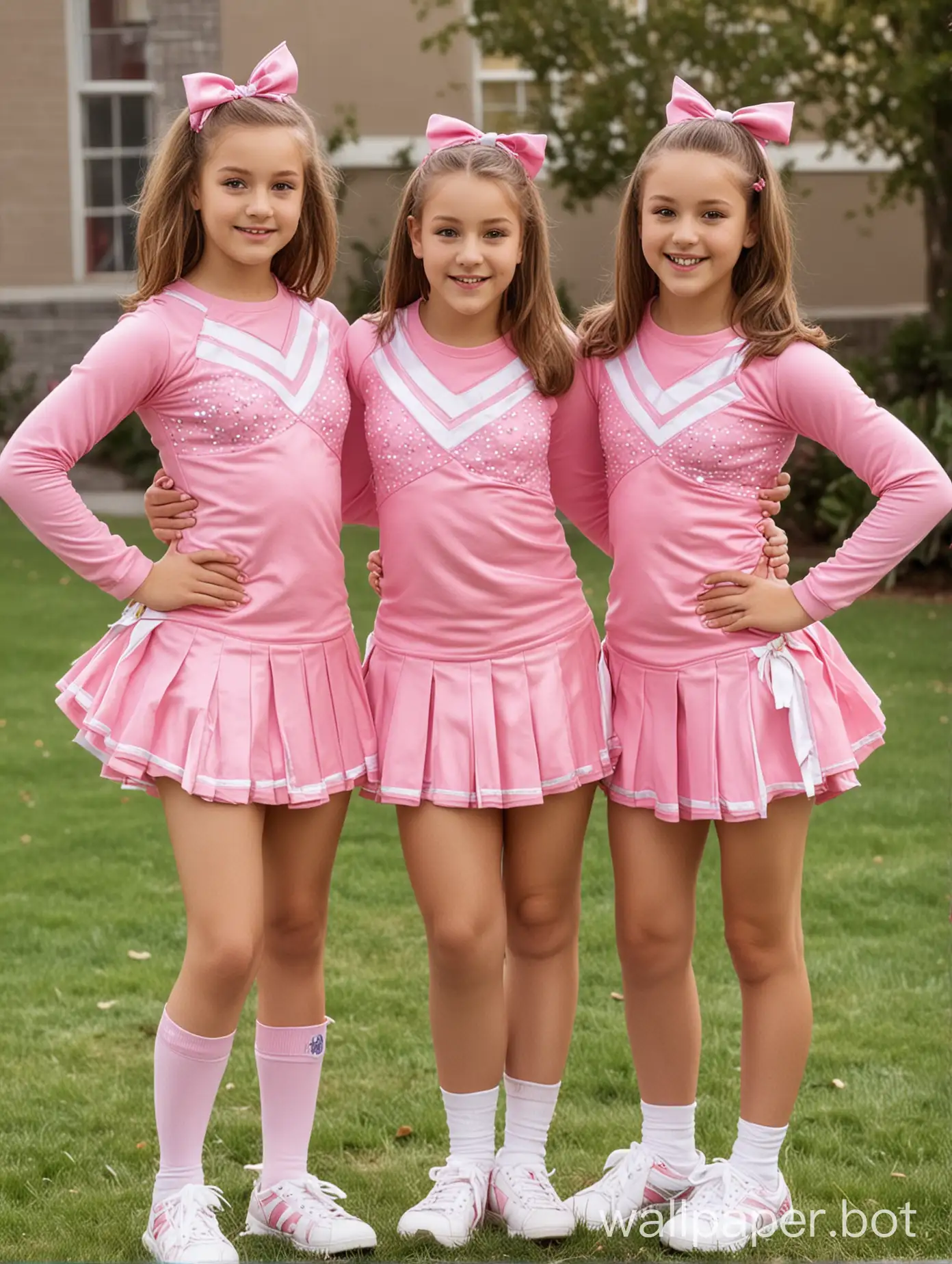 2 cute 11-year-old girls with adolescent features wearing pink cheerleader outfits on a school yard