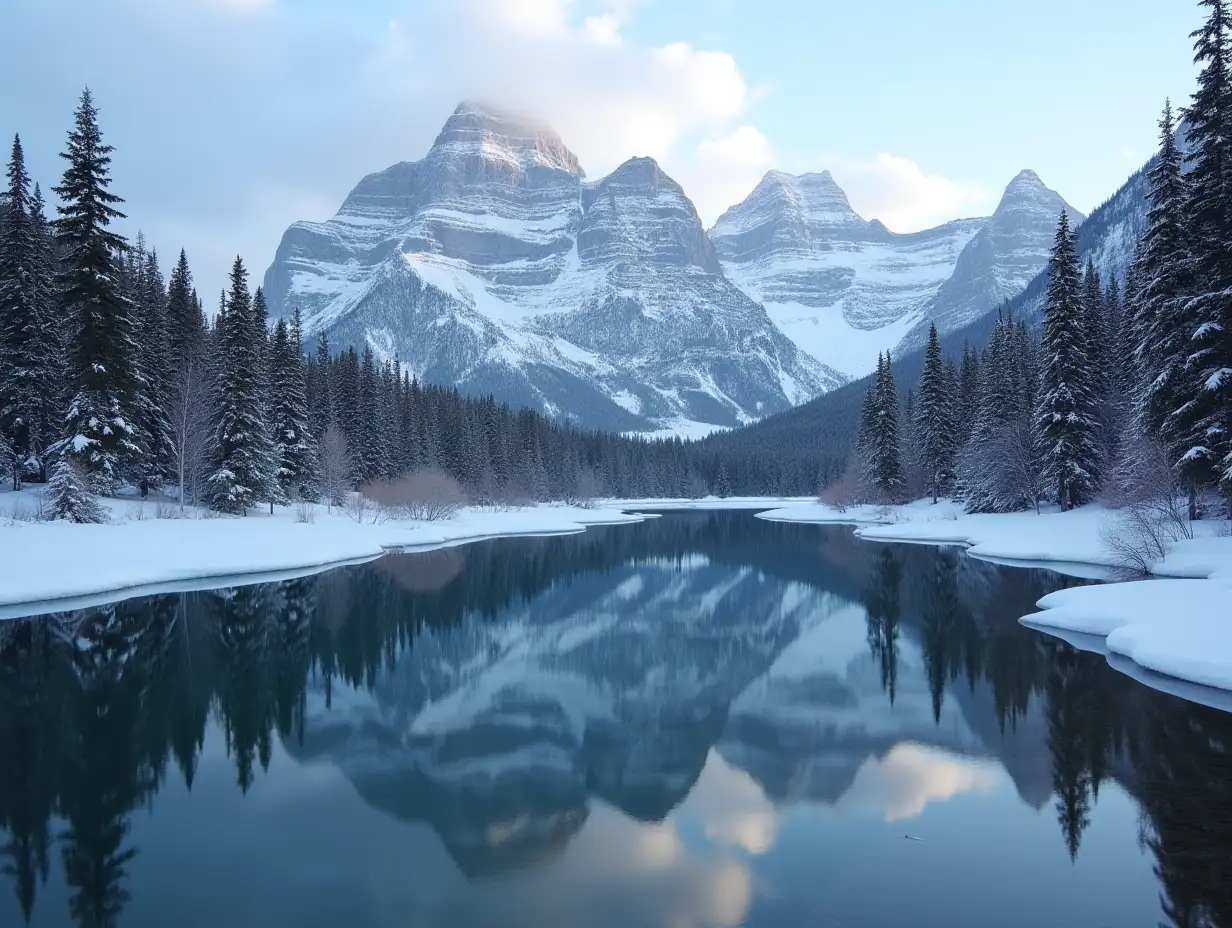 Almost nearly perfect reflection of the Three Sisters Peaks in the Bow River. Near Canmore, Alberta Canada. Winter season is coming. Bear country. Beautiful landscape background concept.