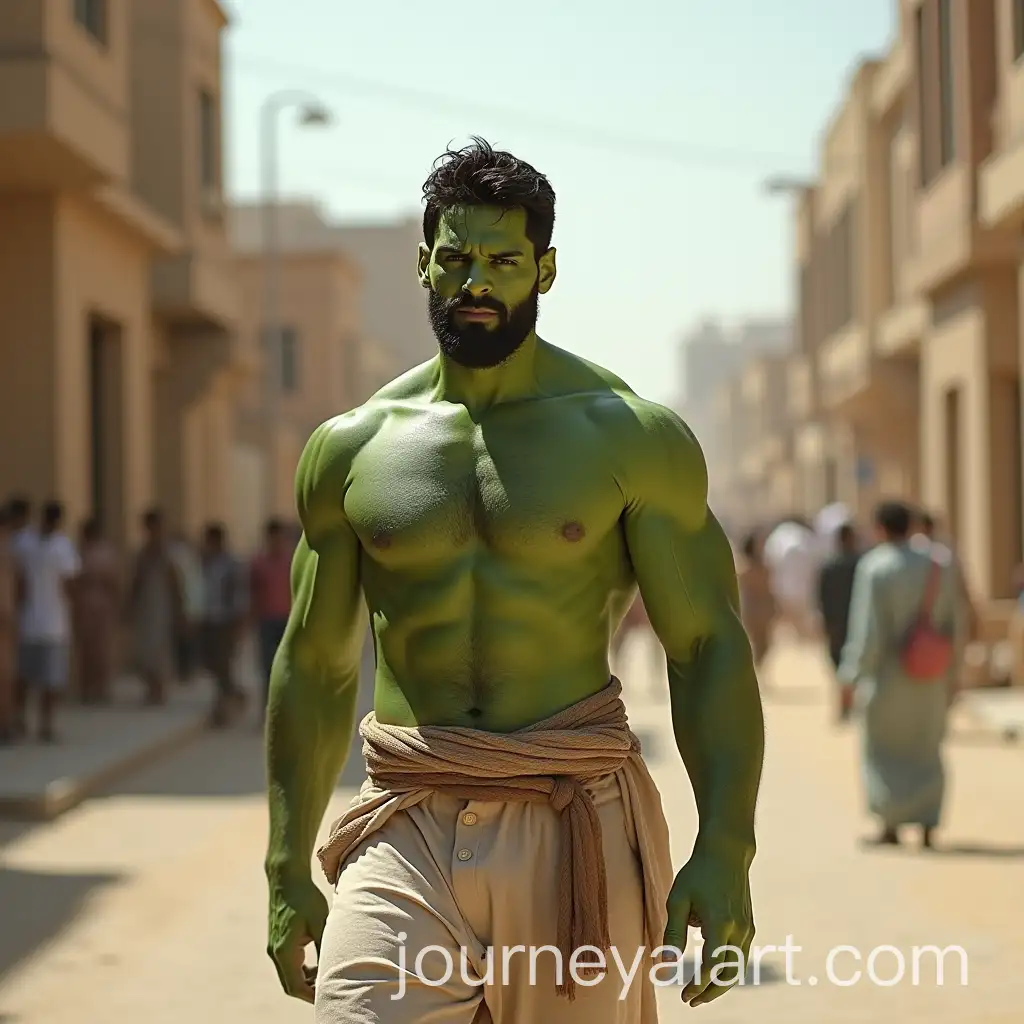 Hulklike-Figure-with-Messis-Face-in-Beggars-Clothes-Walking-in-an-Egyptian-City