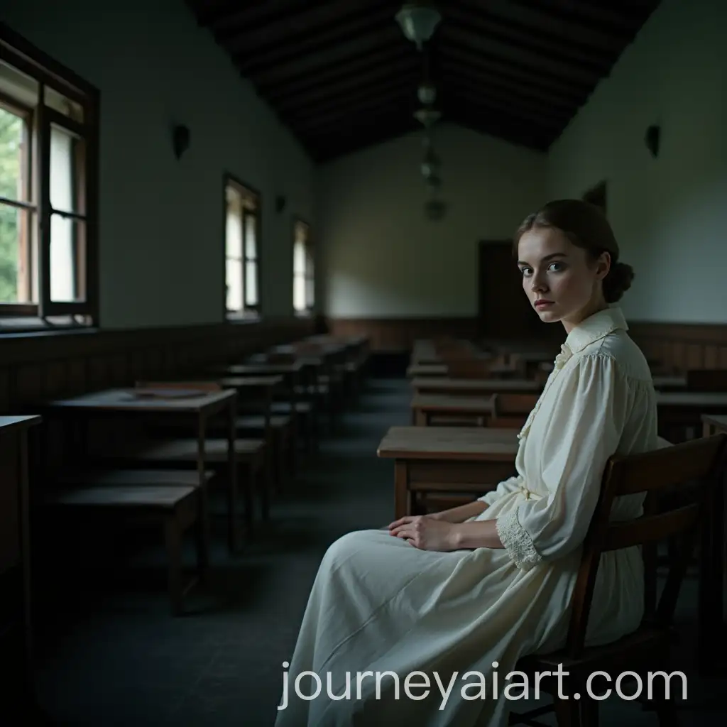 Young-Dutch-Woman-in-1900s-Outfit-in-Gloomy-Colonial-Classroom-at-Night