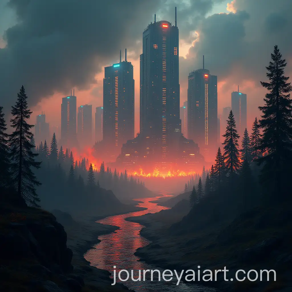 Futuristic-City-with-Neon-Skyscrapers-Amidst-Environmental-Collapse
