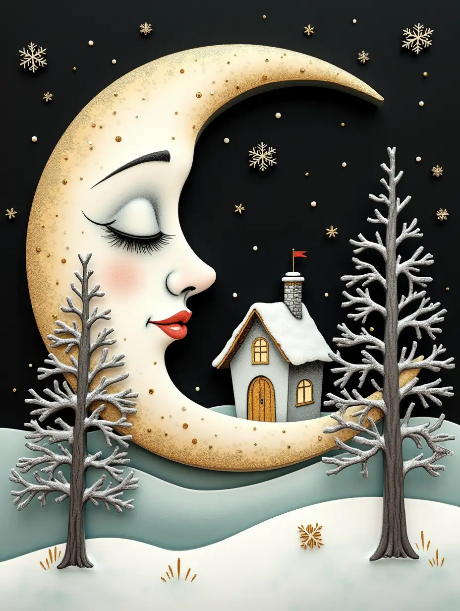 a sleepy crescent moon with a human face, a fabulous three-dimensional illustration, a house in winter, a tree, many small details, monochrome with gold sequins, stars, snowflakes, gold and silver, mint colors, high detail, clear drawing