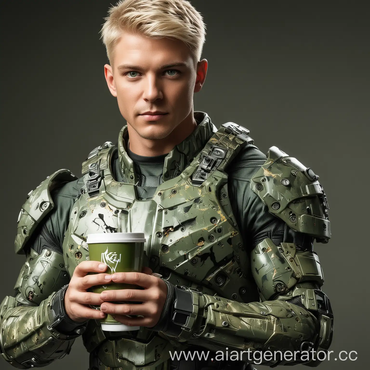 Man, adult man, blond, short blond hair, green eyes, green camo high-tech armor, coffe cup in hands,