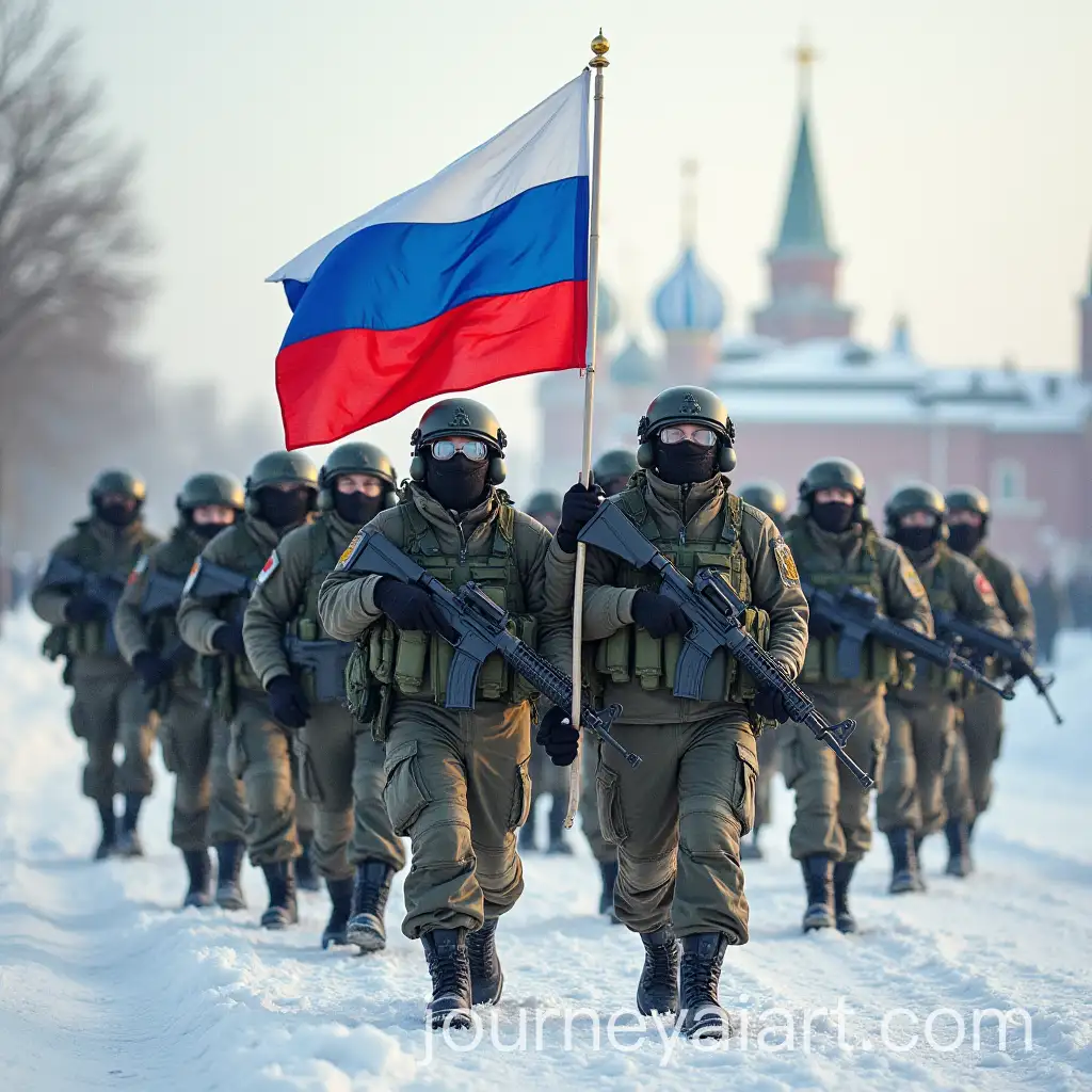 Postcard-From-February-23-Featuring-Russian-Flag-and-Military-Personnel-in-Modern-Equipment