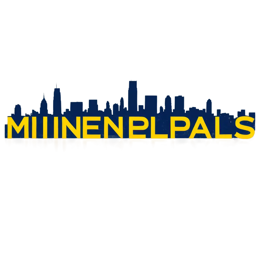 The words Minneapolis in alternating primary colors in front of a silhouette of the Minneapolis skyline