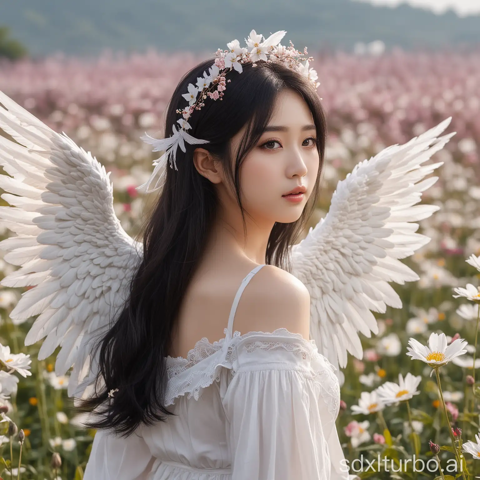 Images of beautiful angel, high quality, 4k, very beautiful face, Japanese, Korean-style face, white skin, black hair, long hair, angel wings, wings fluttering, background is a flower field
