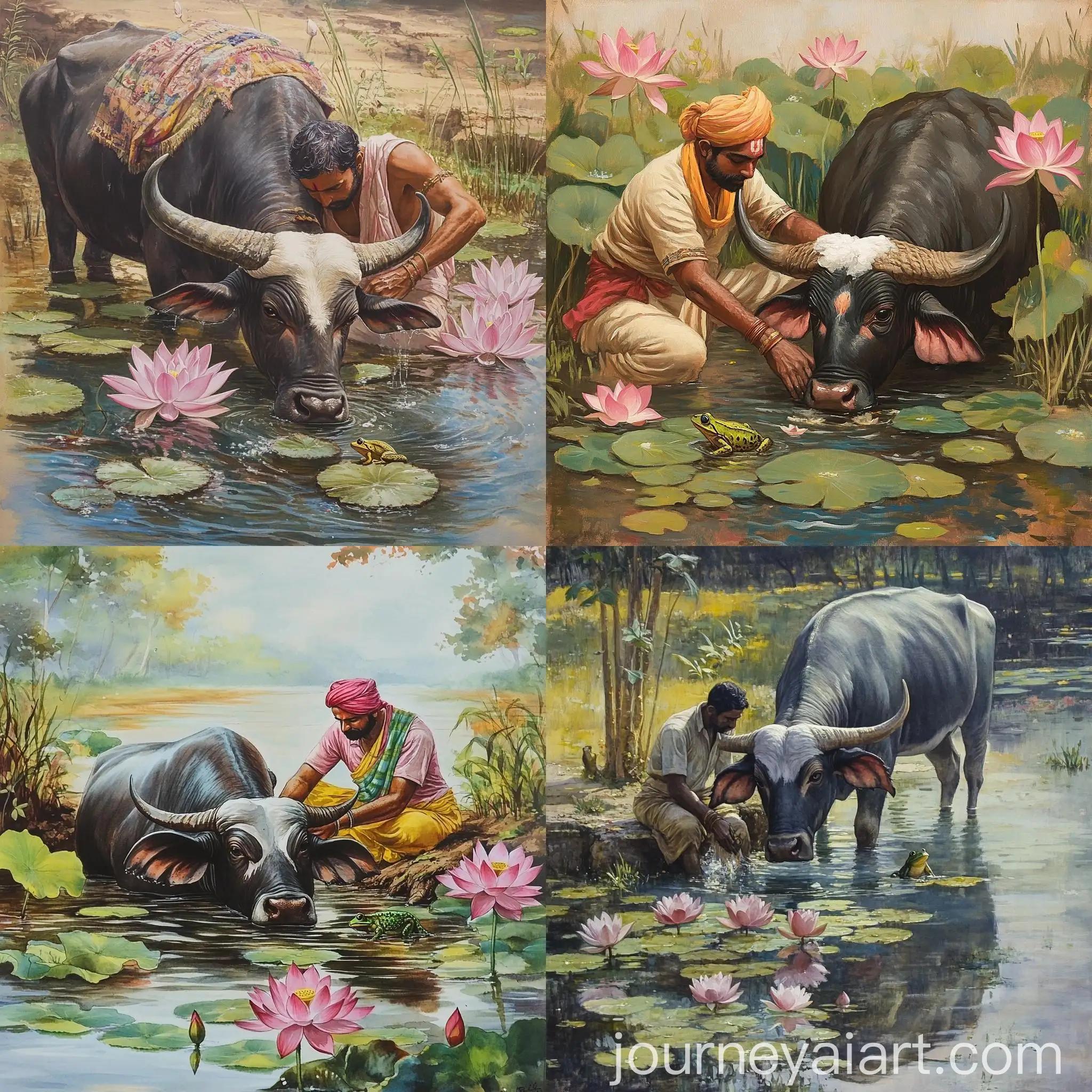 Indian-Farmer-Washing-Buffalo-in-Pond-with-Lotus-Plants-and-Frog