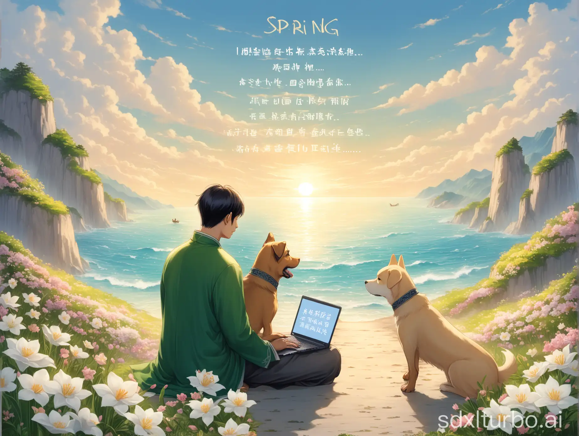 Asian man, laptop, two types of dogs, spring is warm and flowers are blooming, facing the sea, huge text on the sea 'self-discipline, calmness, development, embrace ambition'