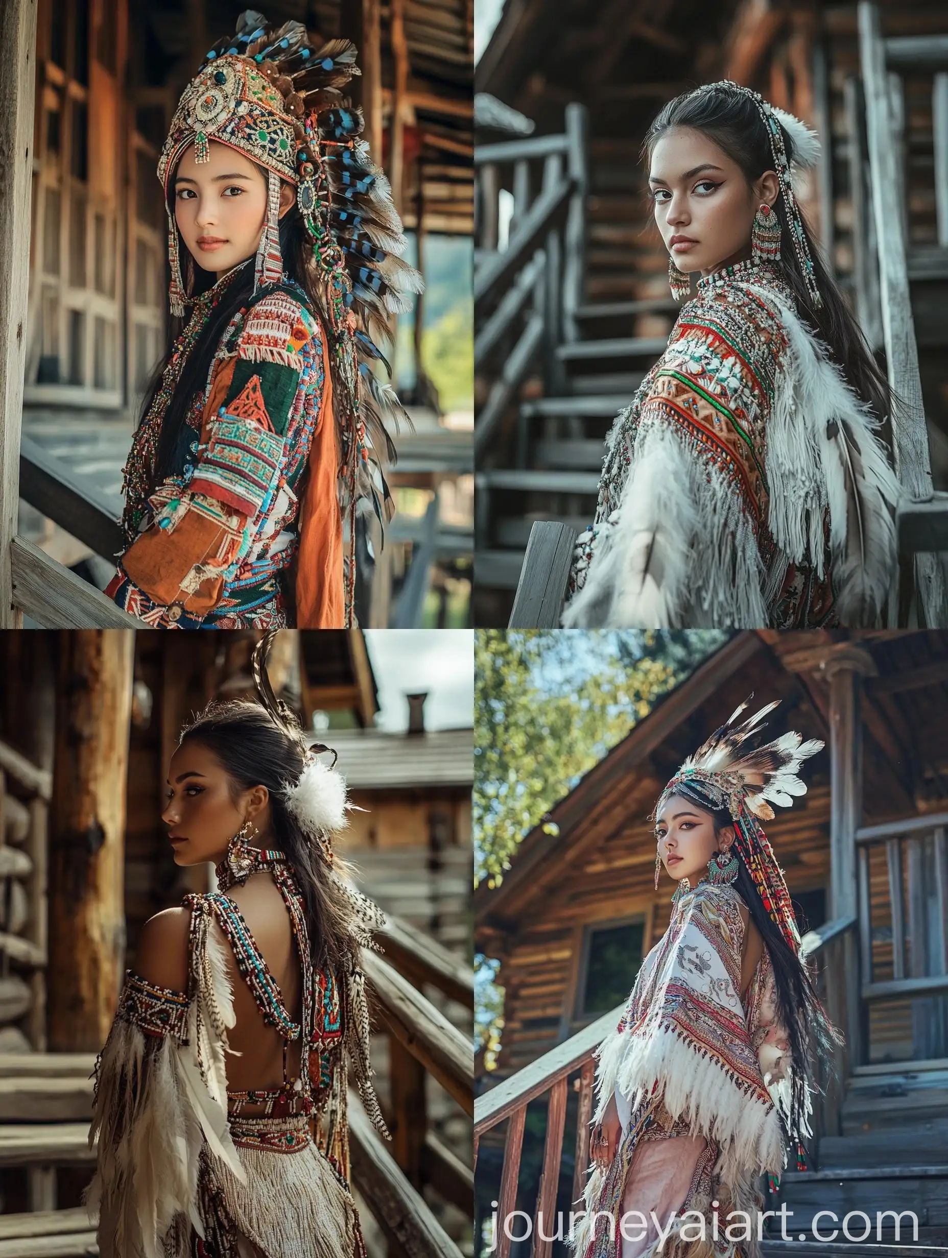 Traditional-Woman-on-Wooden-Staircase-with-Rustic-House-Background