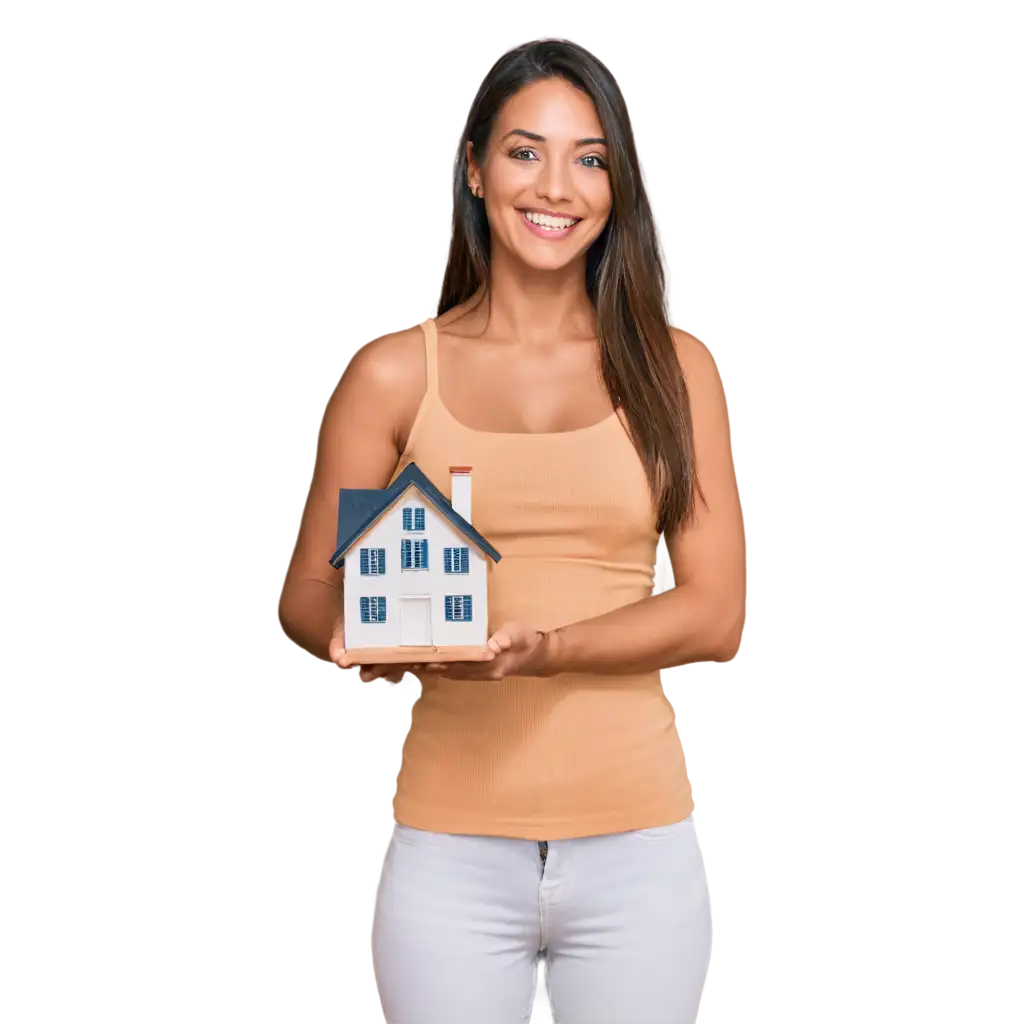 Smiling-Woman-Holding-a-Miniature-House-in-Her-Hand-PNG-Image-for-Enhanced-Clarity-and-Quality