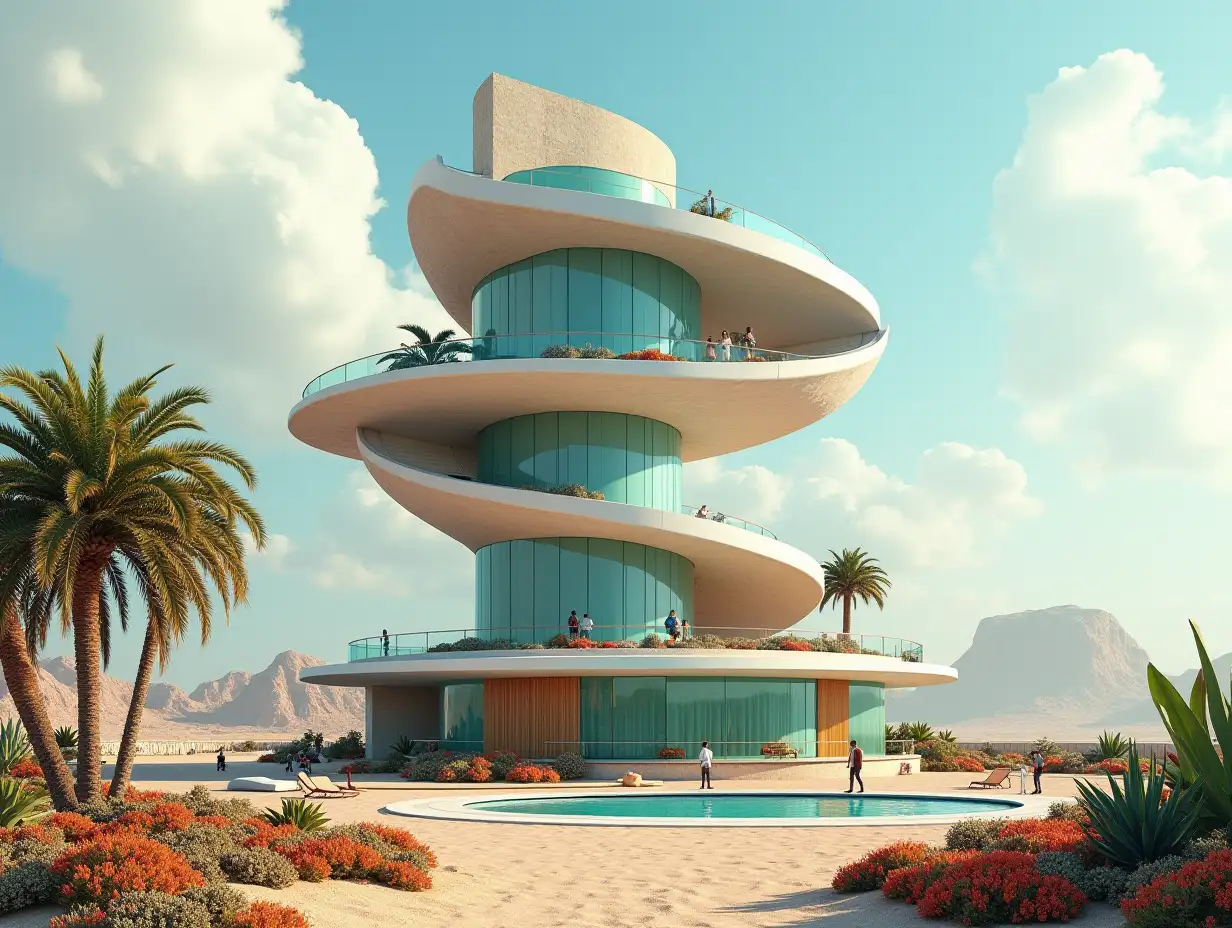 Create a high-resolution, realistic panorama image of a spiral staircase building tower made of glass with a UFO house with a bridge, on an island with people, many plants and colorful flowers white and brown facades in front of the desert oasis, large trees, very cloudy sky