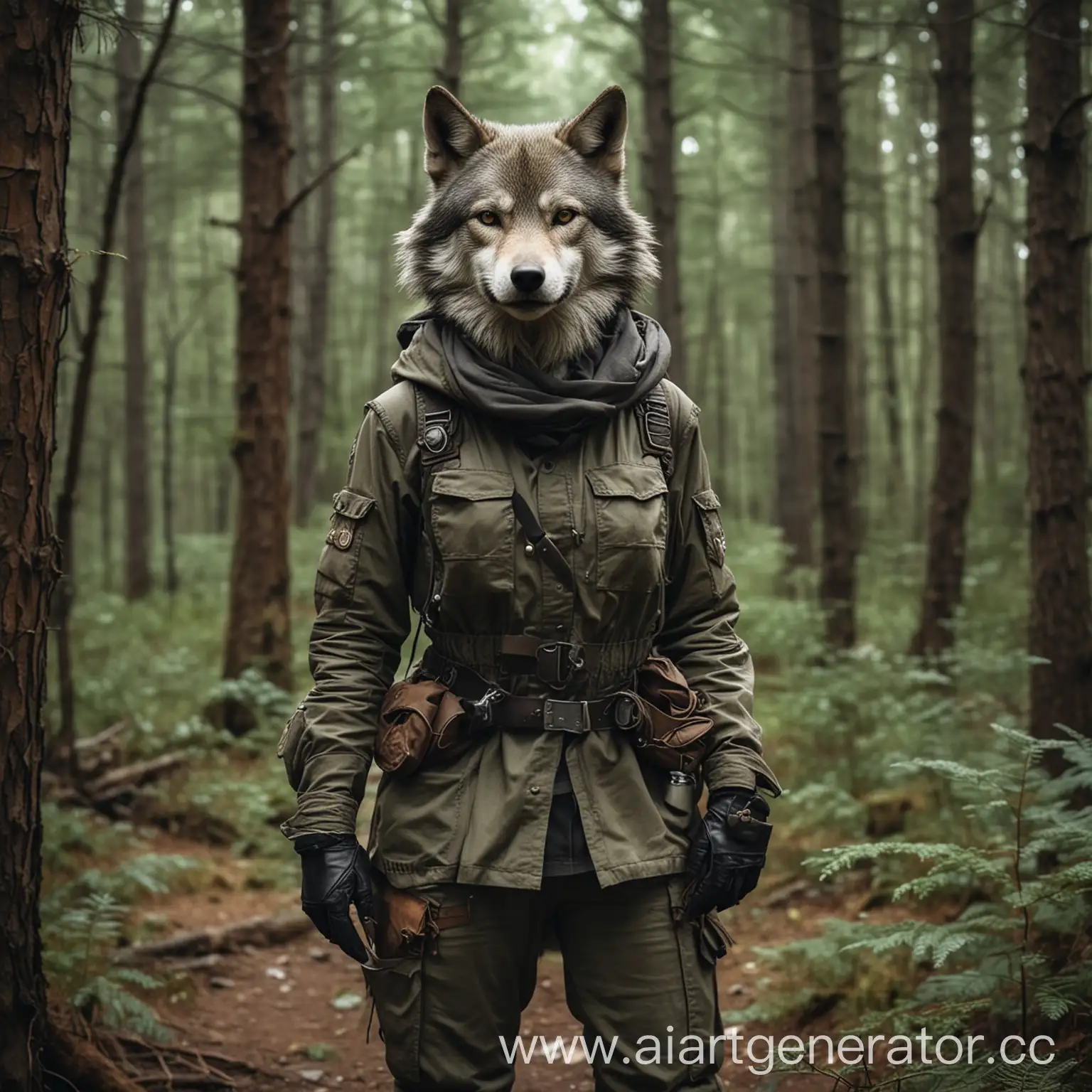 Anthropomorphic lady wolf standing in a forest. wearing survivalist clothing.