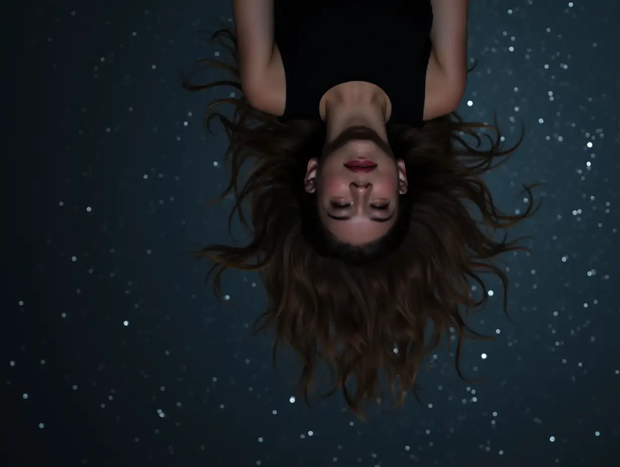 beautiful woman, hanging with her head down, long hair, in space