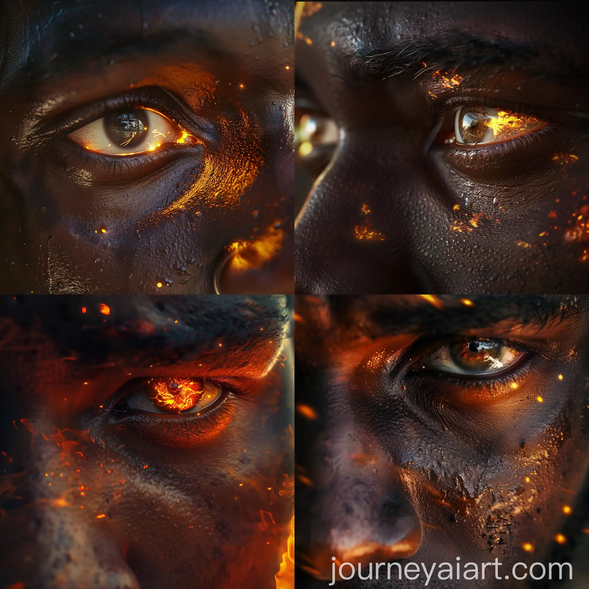 CloseUp-Portrait-Black-Mans-Eyes-Reflecting-Contrasting-Worlds-of-Battle-and-Paradise