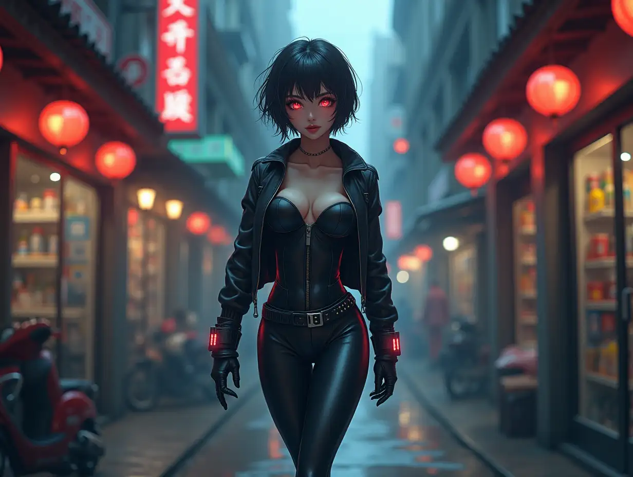 Short hair, mature Asian woman thief cyber runner in a dynamic full-length pose, eyes with red electronic pupils, large breast, extreme skintight body glove zipped down with cleavage, combat boots and combat belt. Full view of her body from boots up, low wide angle. Future store filled city alley street. Anime