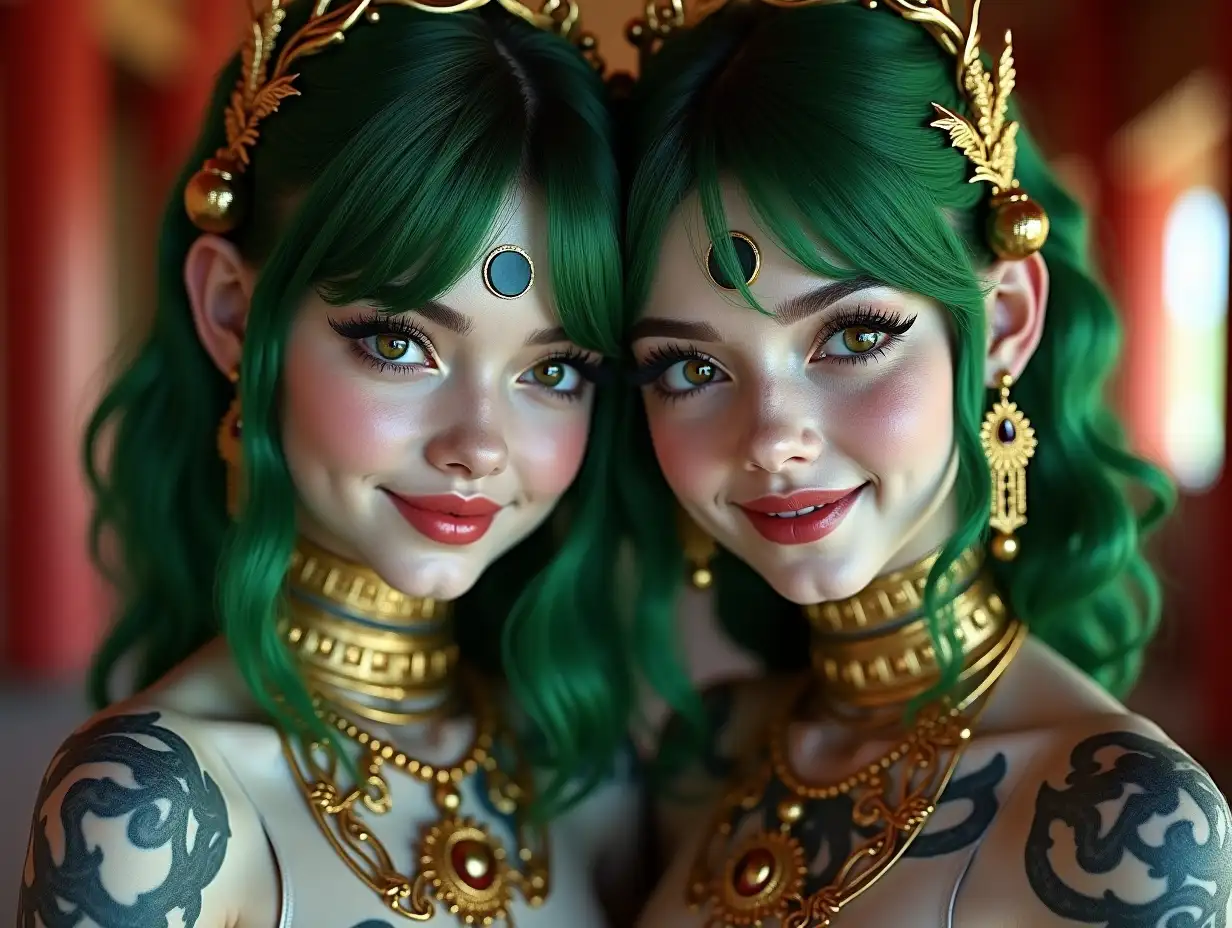 Two young black and white patternnGirls with Alien face,withngreen hair, with a slightnsmile on their faces, emphasizingntheir smile, modern retronjewelry, in a temple with lots of goldndifferent shades 4k