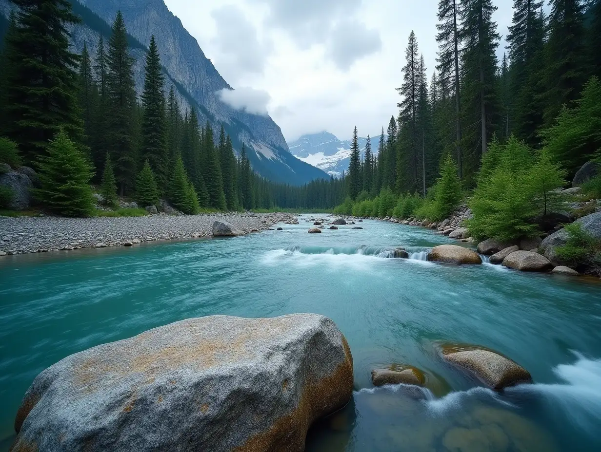 extreme wide angle shot of river draining into lake, quartz rock in foreground