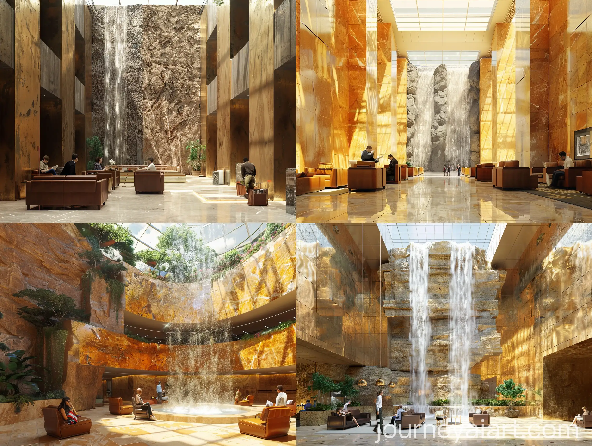 Modern-Hall-Interior-with-Golden-Walls-and-Waterfall-Feature