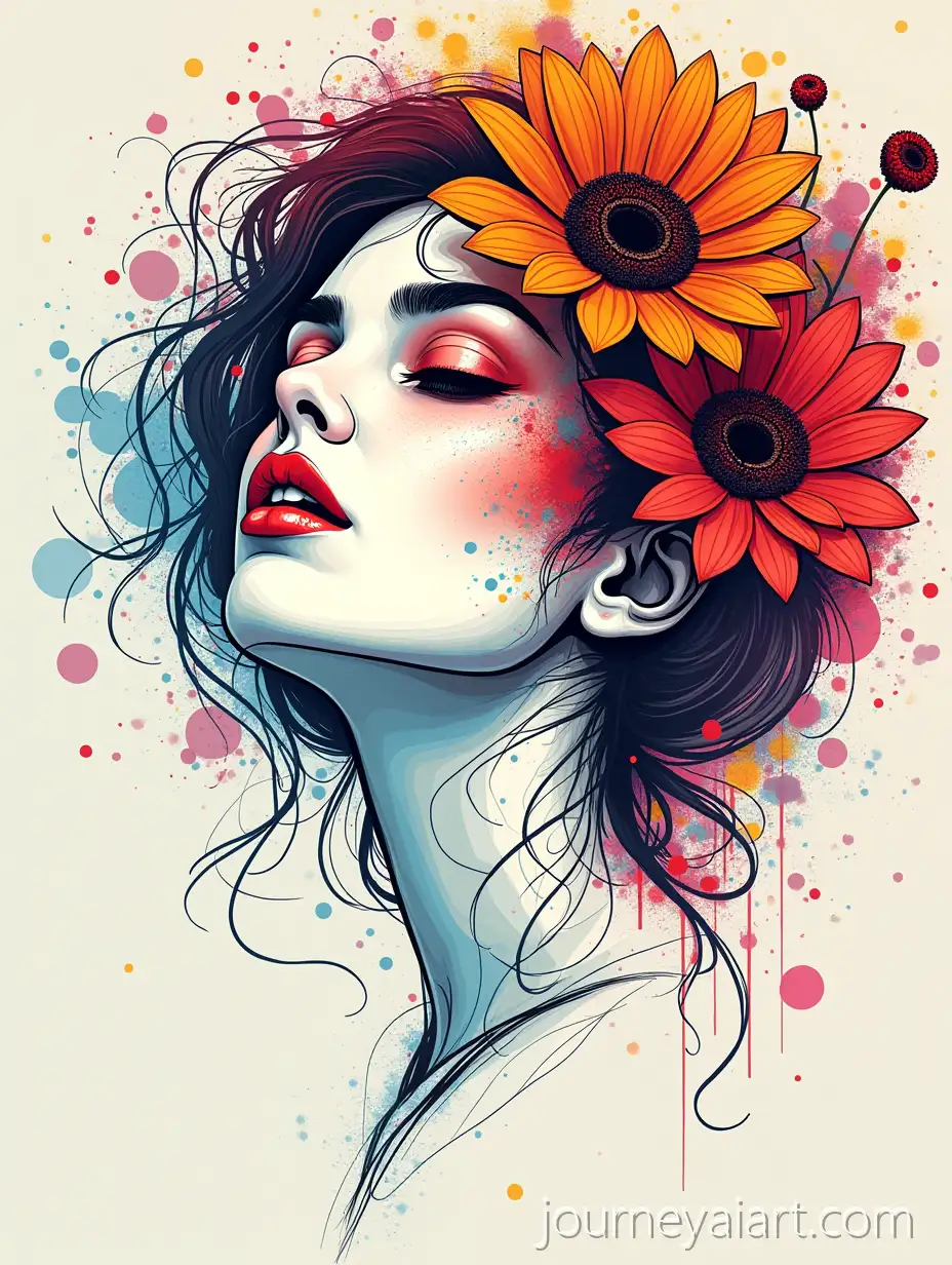 Abstract-Woman-Portrait-Surrounded-by-Colorful-Flowers-in-Line-Art-Style