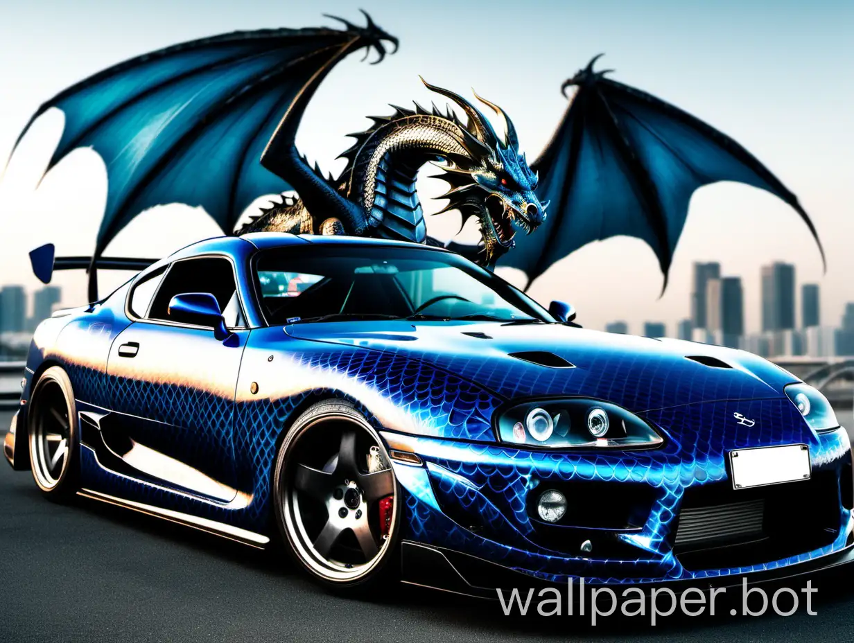 un surpra mk5  con un dragon real arriba y el auto q sea azul y negro con efecto de escamas
