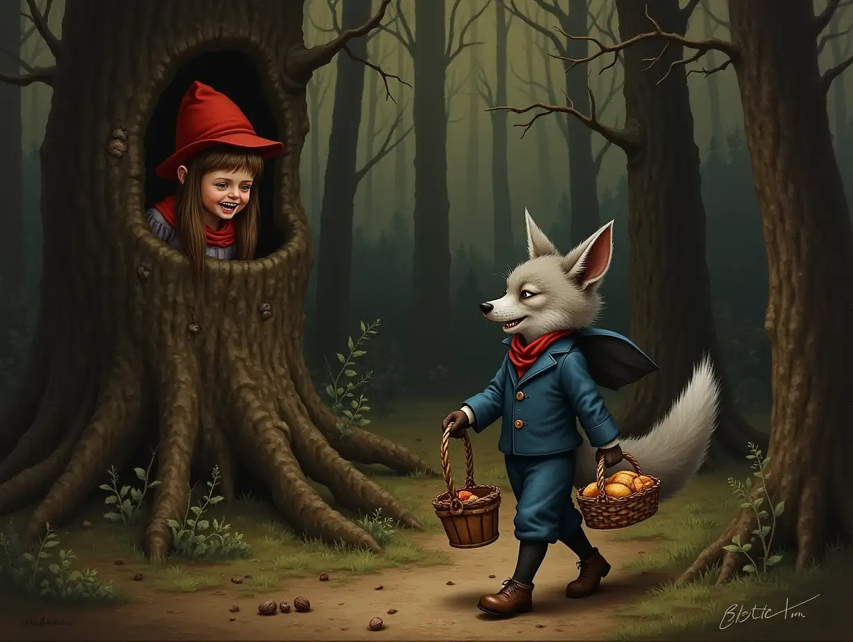 Through the dark forest walks a little wolf in a clean, tidy little suit, fearfully holding close to himself an ivy basket with pastries. Behind, hidden behind a tree, is a girl dressed as a bandit with a red cap, with her bared teeth (fangs showing) watching the little wolf. Painting in oil.