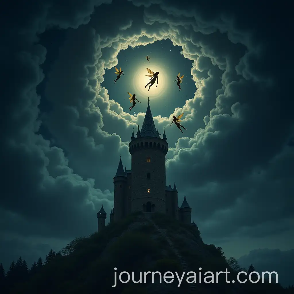 Fairies-Flying-Spiral-Upwards-Around-Medieval-Castle-Tower