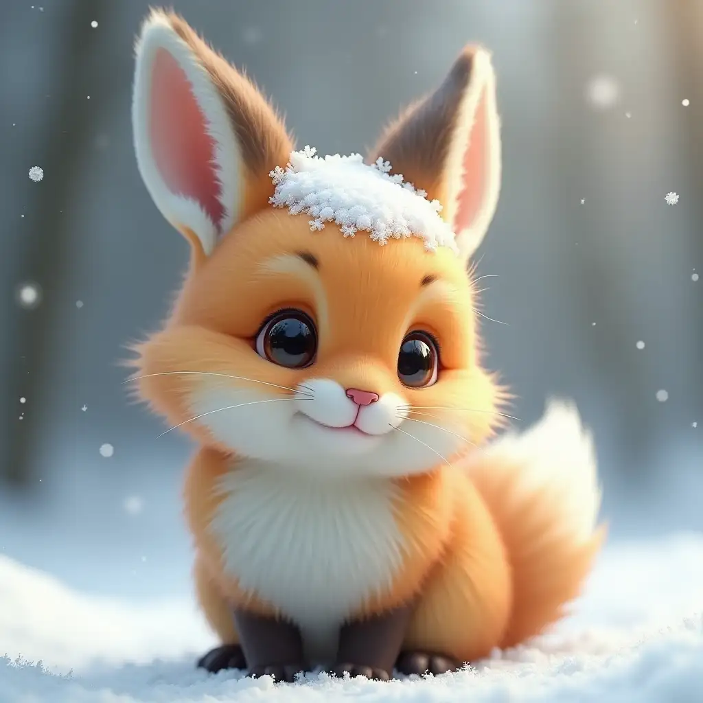 The cutest creature in the universe, fluffy bunny, little fox, snow on head, photo realism, maximum detail